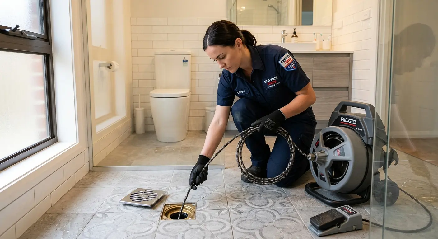 Technician clearing a bathroom floor drain for Drain Cleaning in Henderson